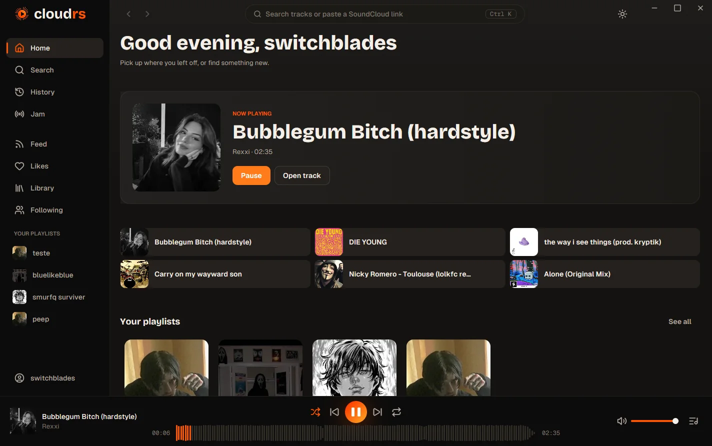 cloudrs Home: a greeting, the track now playing, quick tiles and your playlists